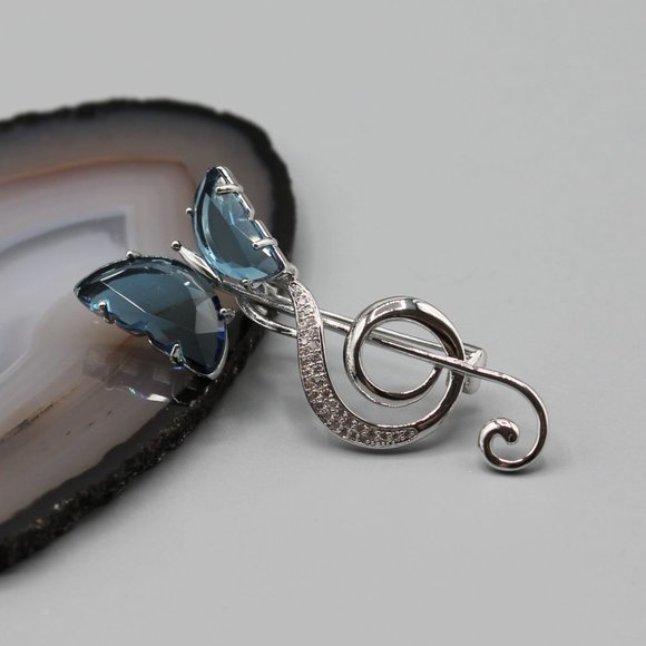 Jewelry pin brooch butterfly music note silver blue crystals elegant beautiful - Picture 3 of 10